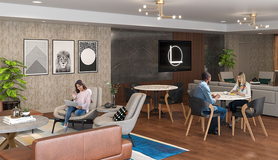 rendering of a group of people working inside the co-working space inside L and O