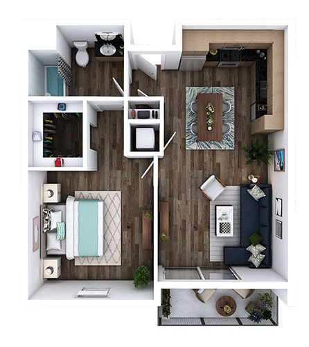 rendering of K-E floor plan 1 bed room 1 bathroom at L and O
