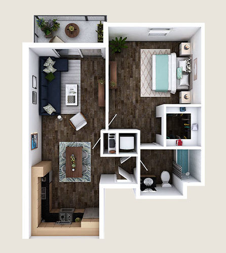 image of K-F 1 bedroom, 1 bathroom floor plan