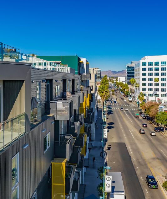 North Hollywood Arts District Luxury Apartments Exterior Drone Photography with Street View