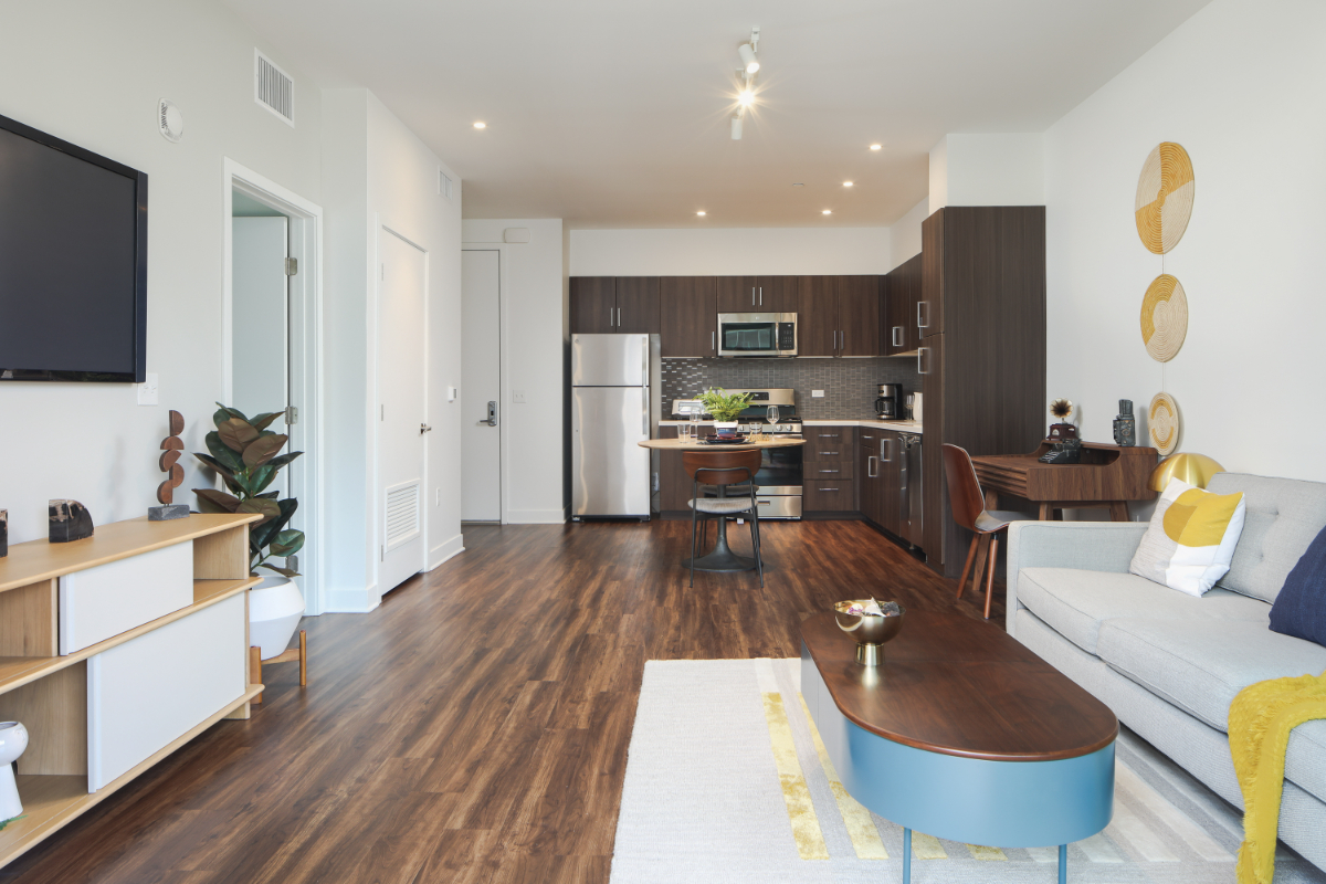 luxury north hollywood apartments unit interior living room and kitchen